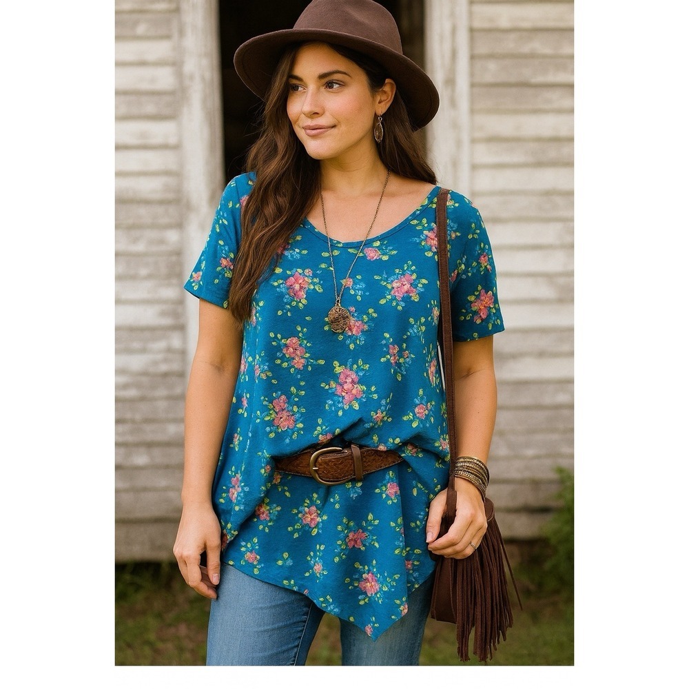 Prestige Edge Women's‎ 1X Plus Stretch T-Shirt  Blue  Yellow Floral Short Sleeve